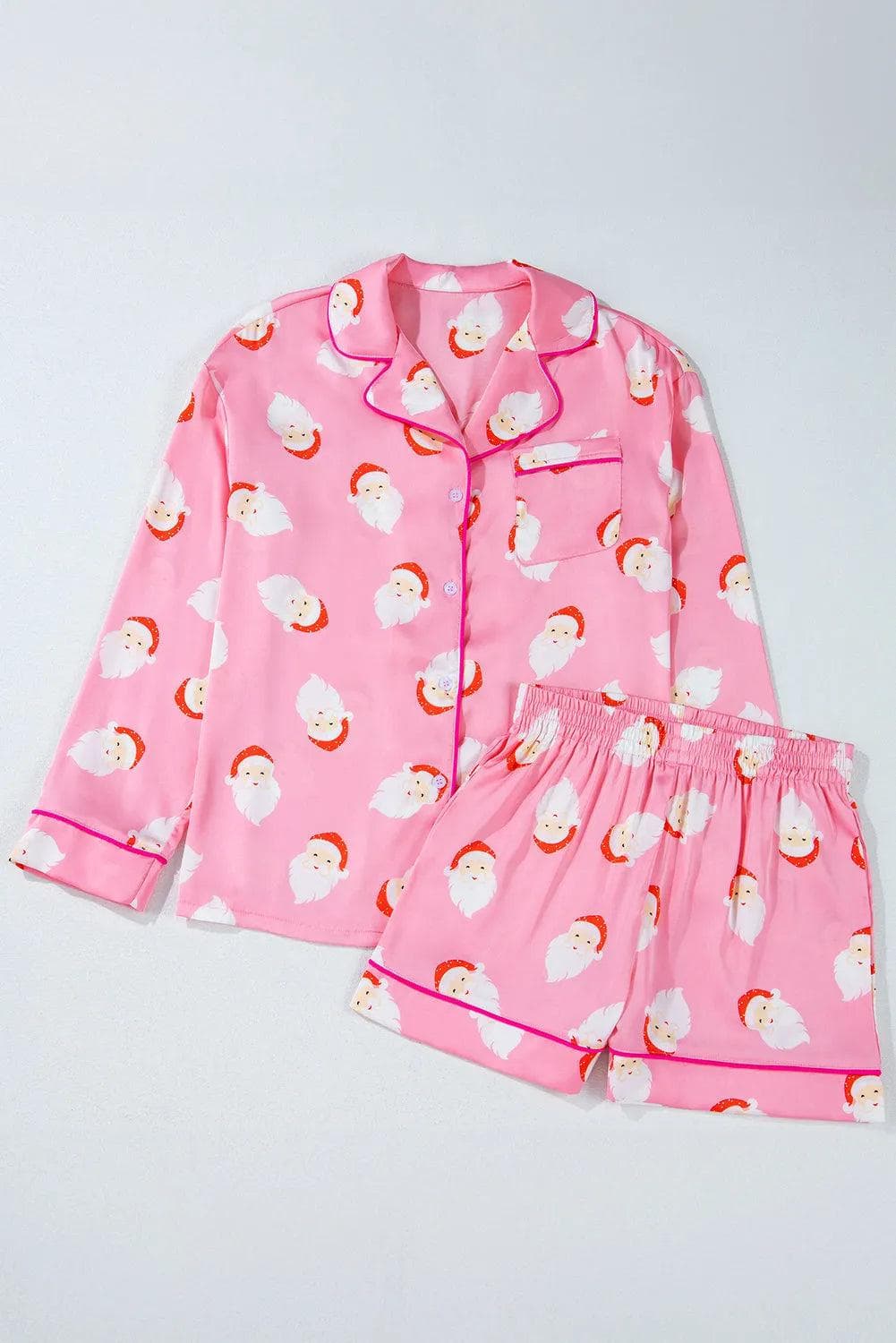 Loungewear & Sleepwear/Sleepwear Pink Christmas Santa Claus Print Satin Shirt and Shorts Set