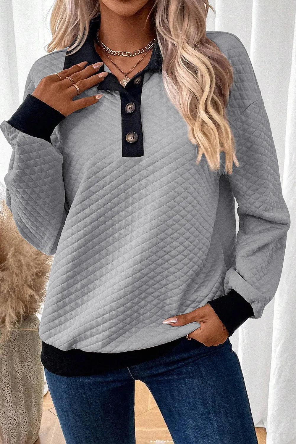 Light Grey Textured Colorblock Edge Buttoned Collar Sweatshirt - Chic Meadow Boutique 