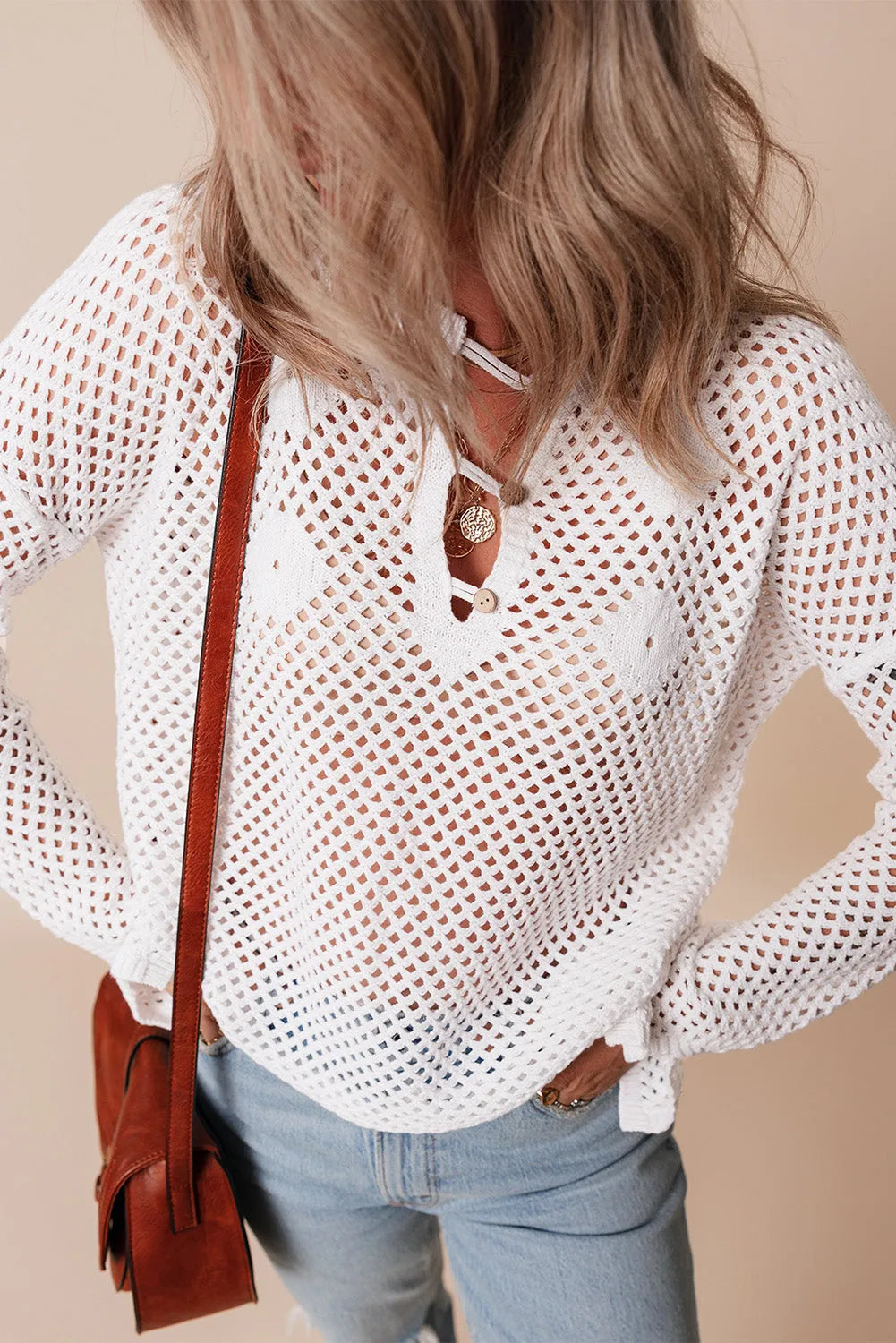 White Open Knit Buttoned Neck Split Sleeve Sweater - Chic Meadow Boutique 