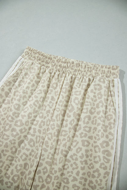 Apricot Leopard Print Varsity Striped Detail 3/4 Sleeve Top Shift Pant Set