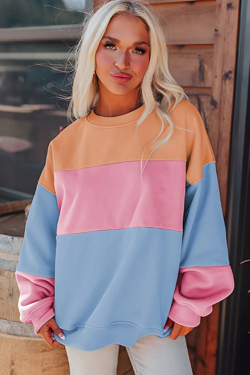 Sky Blue Colorblock Patchwork Drop Shoulder Sweatshirt - Chic Meadow Boutique 