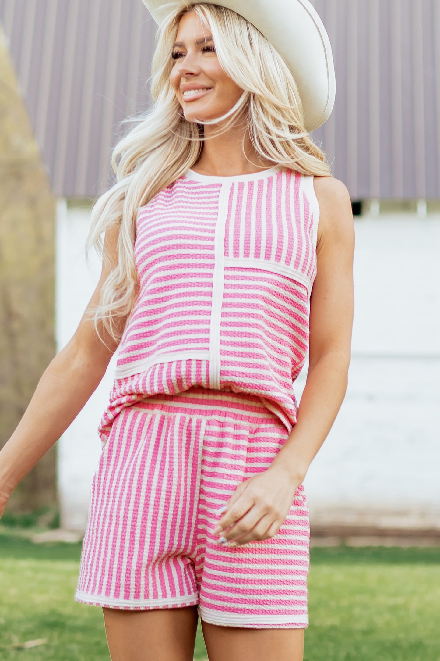 Pink Stripe Textured Contrast Trim Casual Tank and Shorts Set