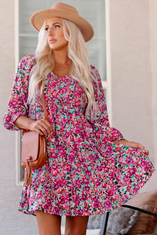 Purple Smocked V Neck Puffy Sleeve Floral Dress - Chic Meadow Boutique 