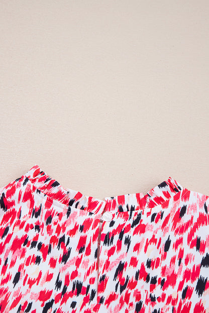 Red Floral Mixed Print Ruffle Cap Sleeve Blouse
