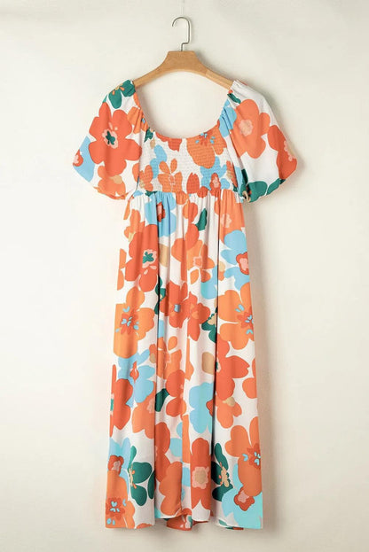 Plus Size/Plus Size Dresses/Plus Size Maxi Dresses Orange Plus Size Flower Print Shirred Square Neck Maxi Dress