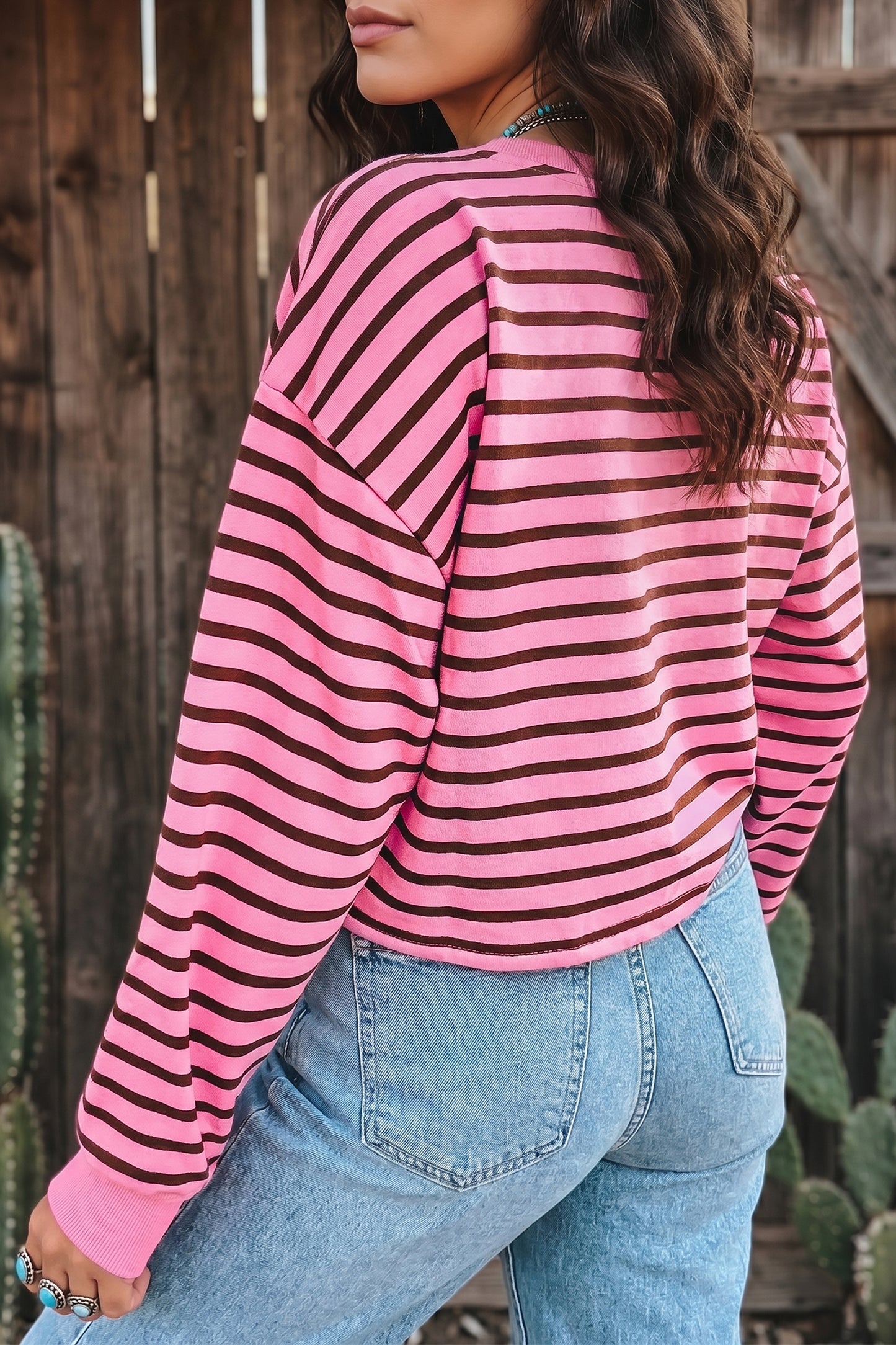 Pink Stripe V Neck Drop Shoulder Long Sleeve Top