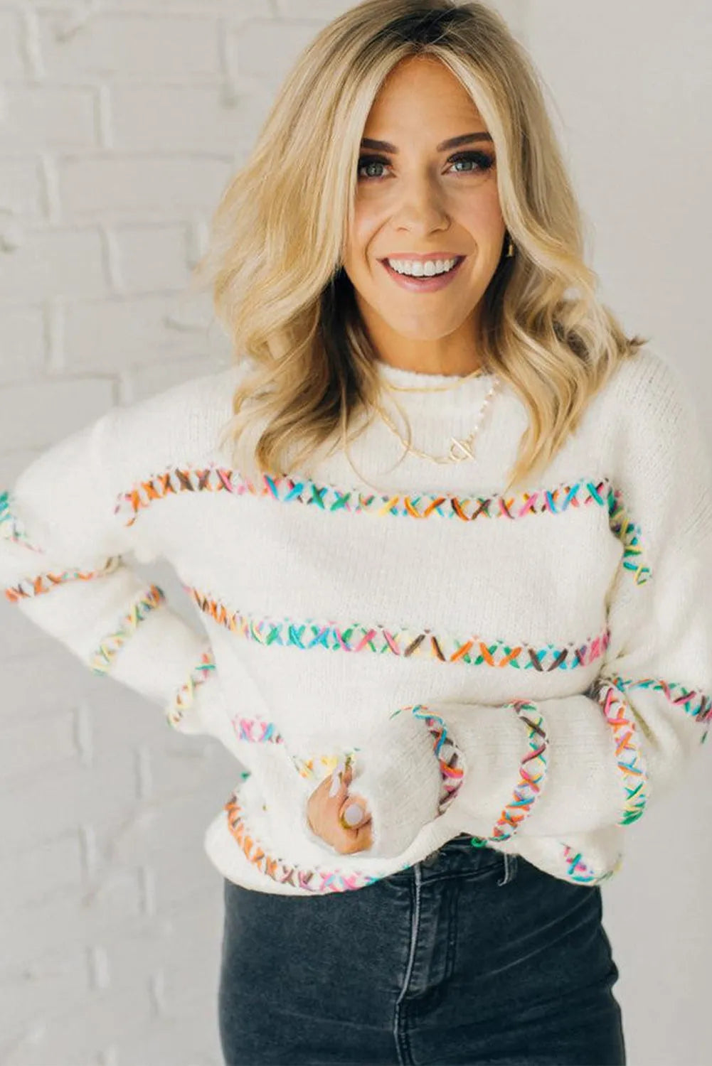 White Colorful Crossed Stitch Drop Shoulder Sweater - Chic Meadow Boutique 