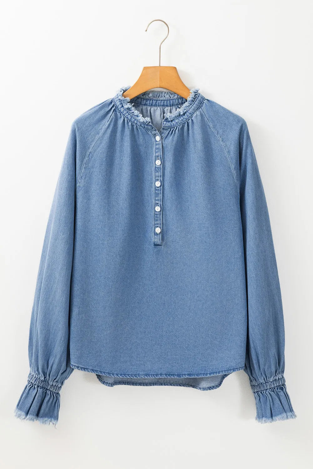 Sky Blue Frilled Raw Hem Half Buttoned Denim Top - Chic Meadow Boutique 