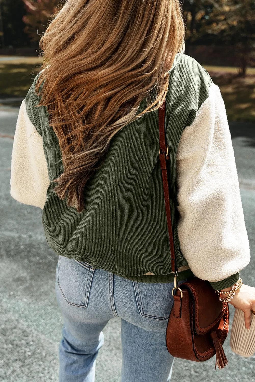 Outerwear/Jackets Mist Green Corduroy Fleece Patchwork Buttoned Bomber Jacket