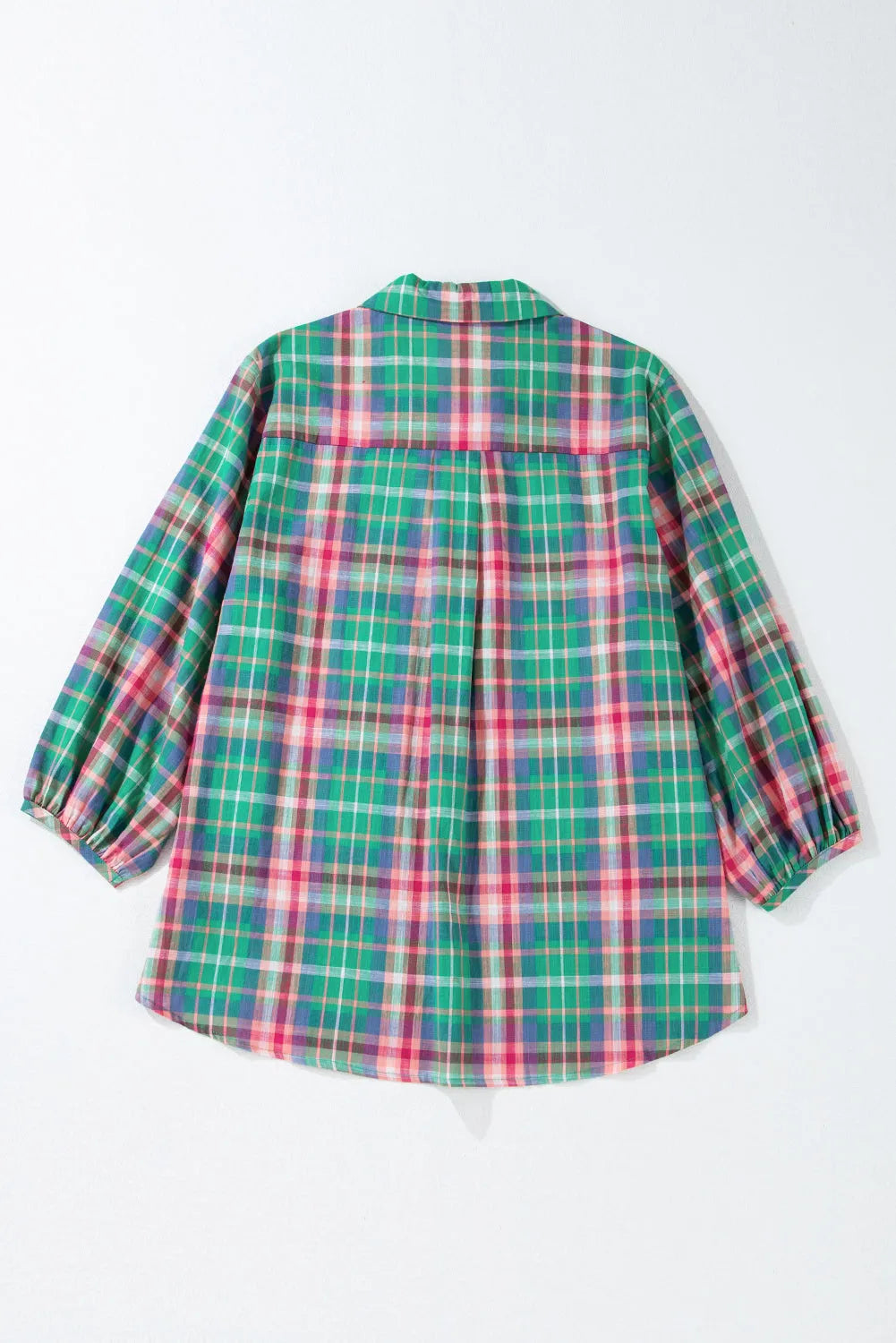 Green Checkered 3/4 Sleeve Collared Loose Fit Shirt - Chic Meadow Boutique 