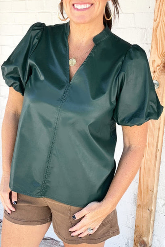 Sea Green Notched V Neck Short Puff Sleeve PU Leather Blouse