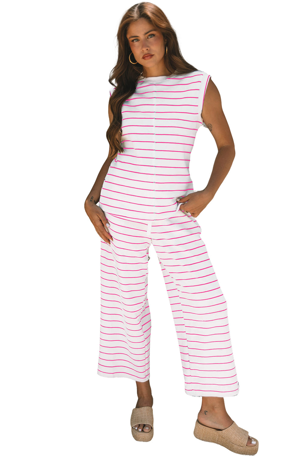 Rose Stripe Casual Wide Leg 2pcs Pants Set