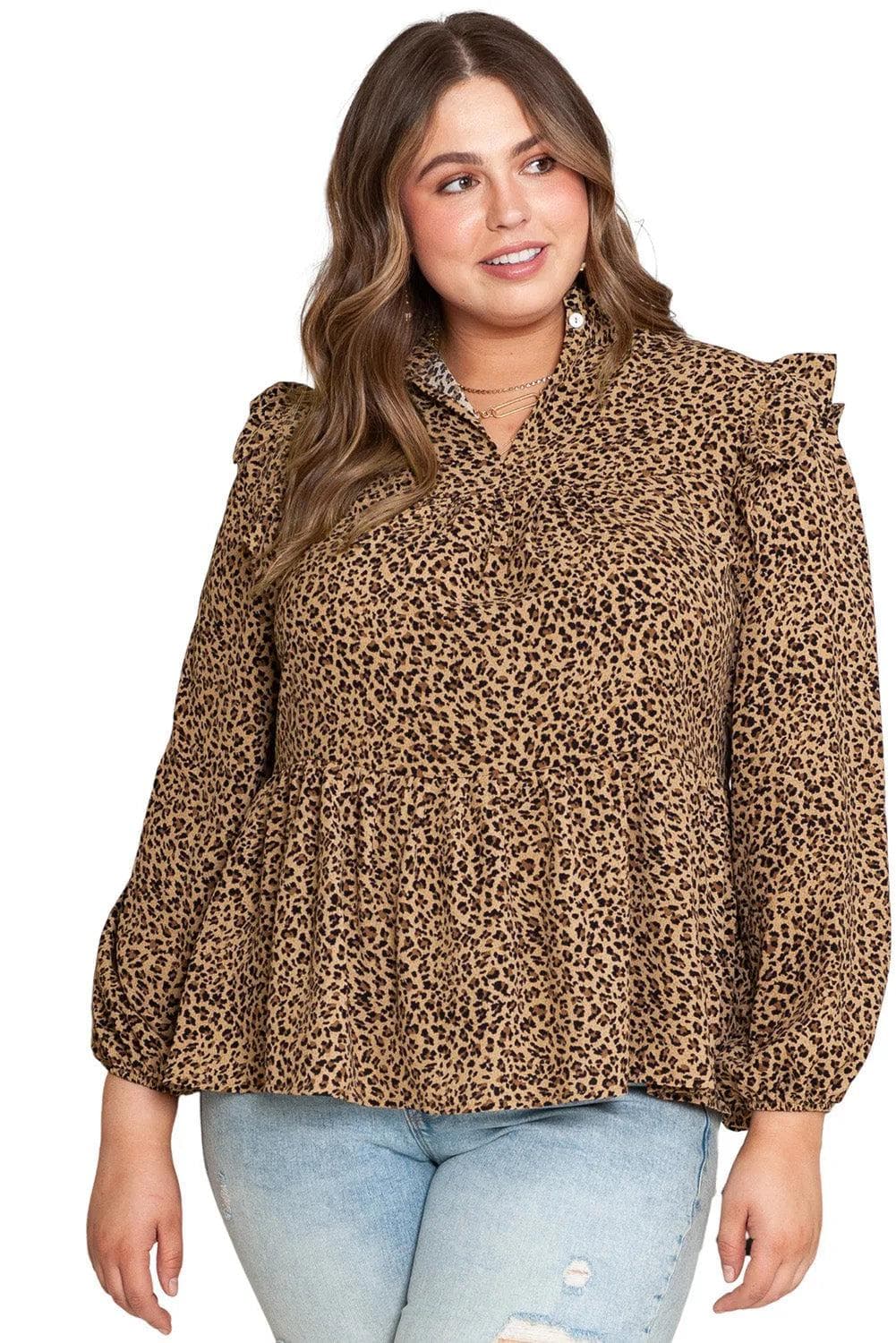 Plus Size/Plus Size Tops Leopard Frilled Shoulder Decor Plus Size Babydoll Top