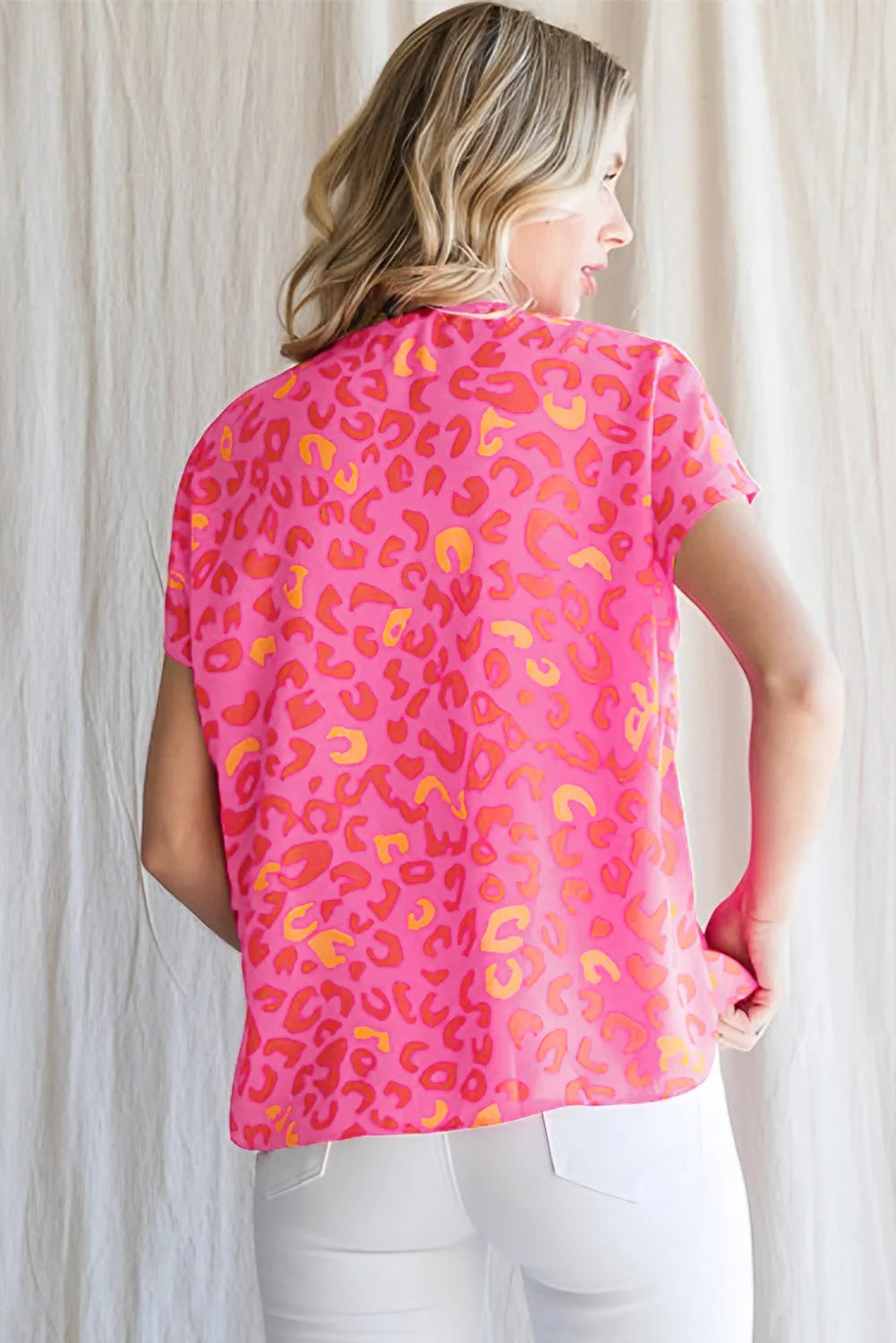 Pink Leopard V Neck Short Sleeve Blouse - Chic Meadow Boutique 