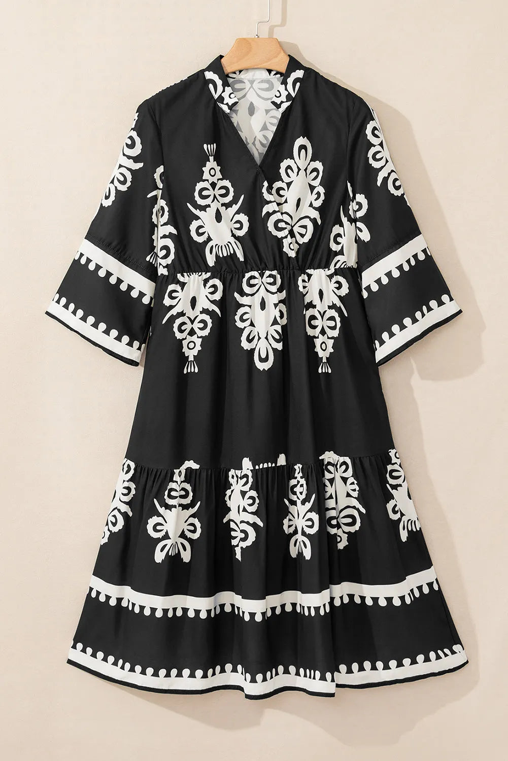 Black Western Geometric Print 3/4 Sleeve Loose Midi Dress - Chic Meadow Boutique 