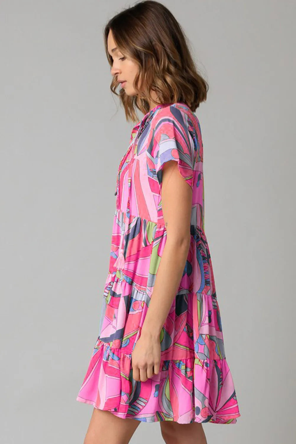 Pink Abstract Geometric Print Tassel Tie Flared Dress - Chic Meadow Boutique 