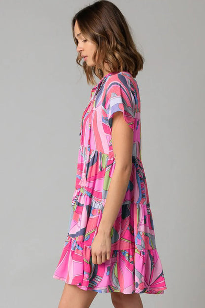 Pink Abstract Geometric Print Tassel Tie Flared Dress - Chic Meadow Boutique 