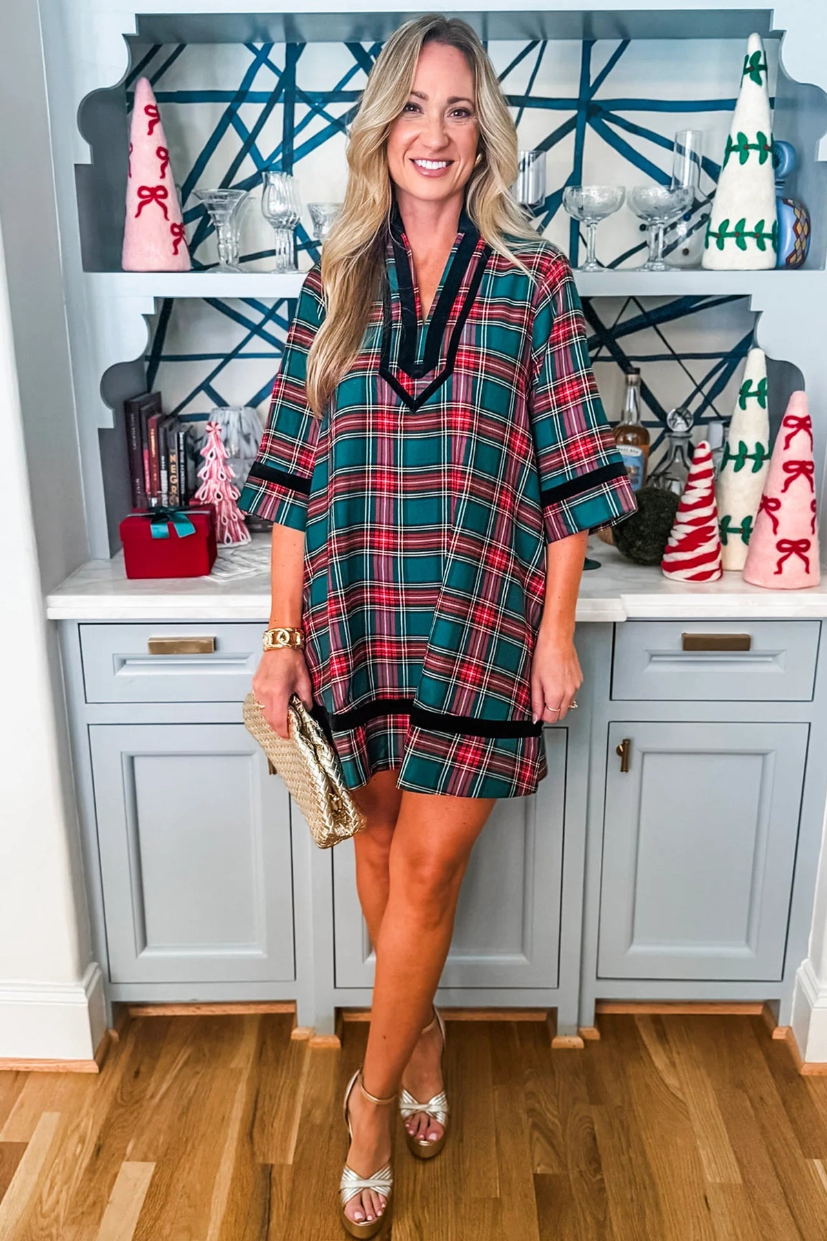 Green Plaid Velvet Trim Pockets Short Shift Dress