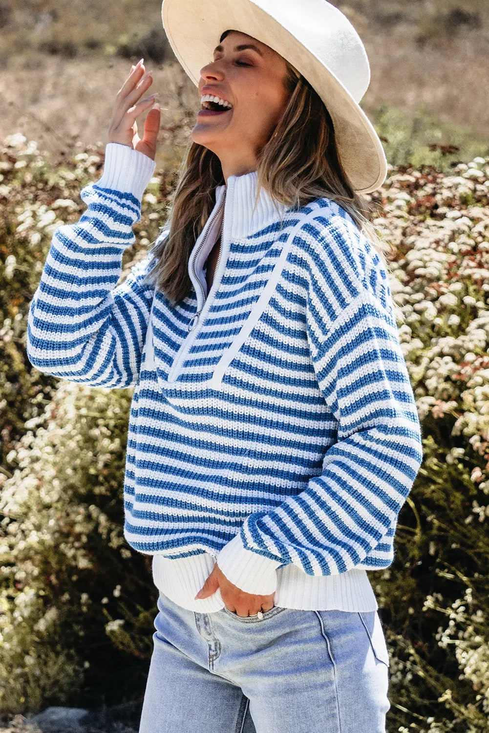 Sky Blue Stripe Zip up Collar Drop Shoulder Sweater - Chic Meadow Boutique 