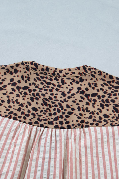 Pink Stripe Leopard Trim V Neck Button Down Half Sleeve Shirt