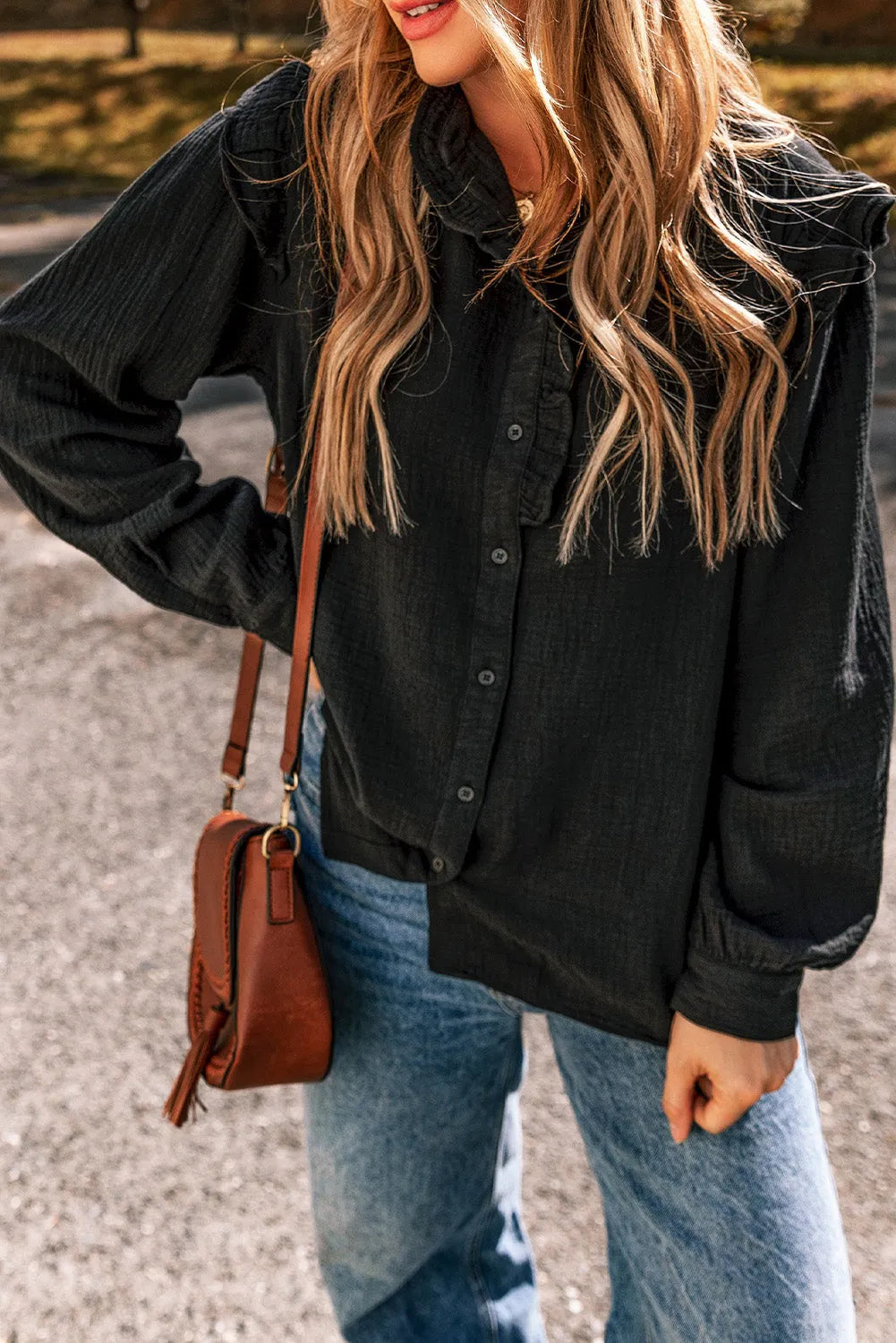 Black Textured Ruffled Trim Buttoned Loose Fit Shirt - Chic Meadow Boutique 