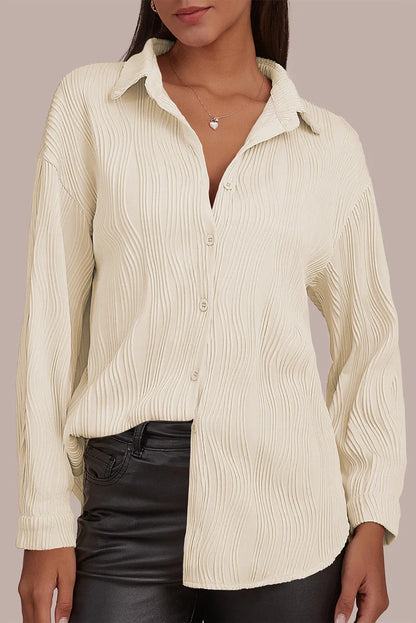 Apricot Solid Textured Buttoned Turn Down Collar Shirt - Chic Meadow Boutique 