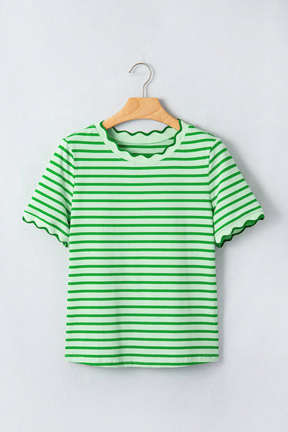 Green Stripe Scalloped Trim Round Neck T Shirt