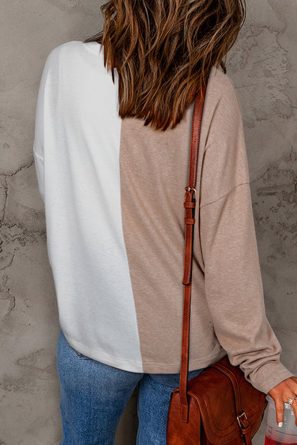 Khaki Colorblock Long Sleeve Crew Neck Top