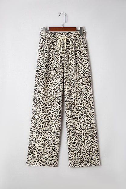 Brown Leopard Drawstring Elastic Waistband Loose Pants