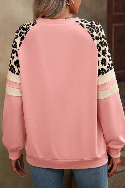 Peach Blossom Leopard Print Colorblock Raglan Sleeve Sweatshirt - Chic Meadow Boutique 