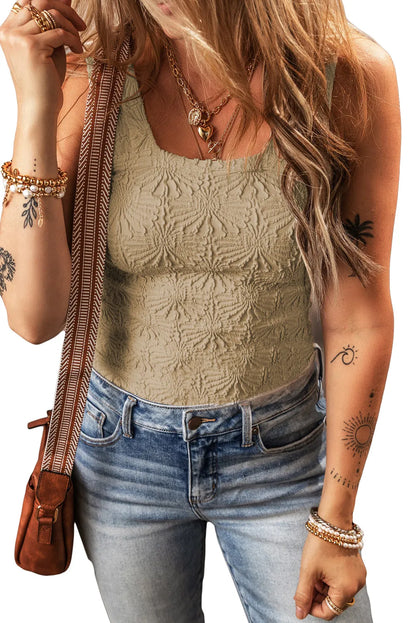 Smoke Gray Floral Jacquard Square Neck Tank Top - Chic Meadow Boutique 