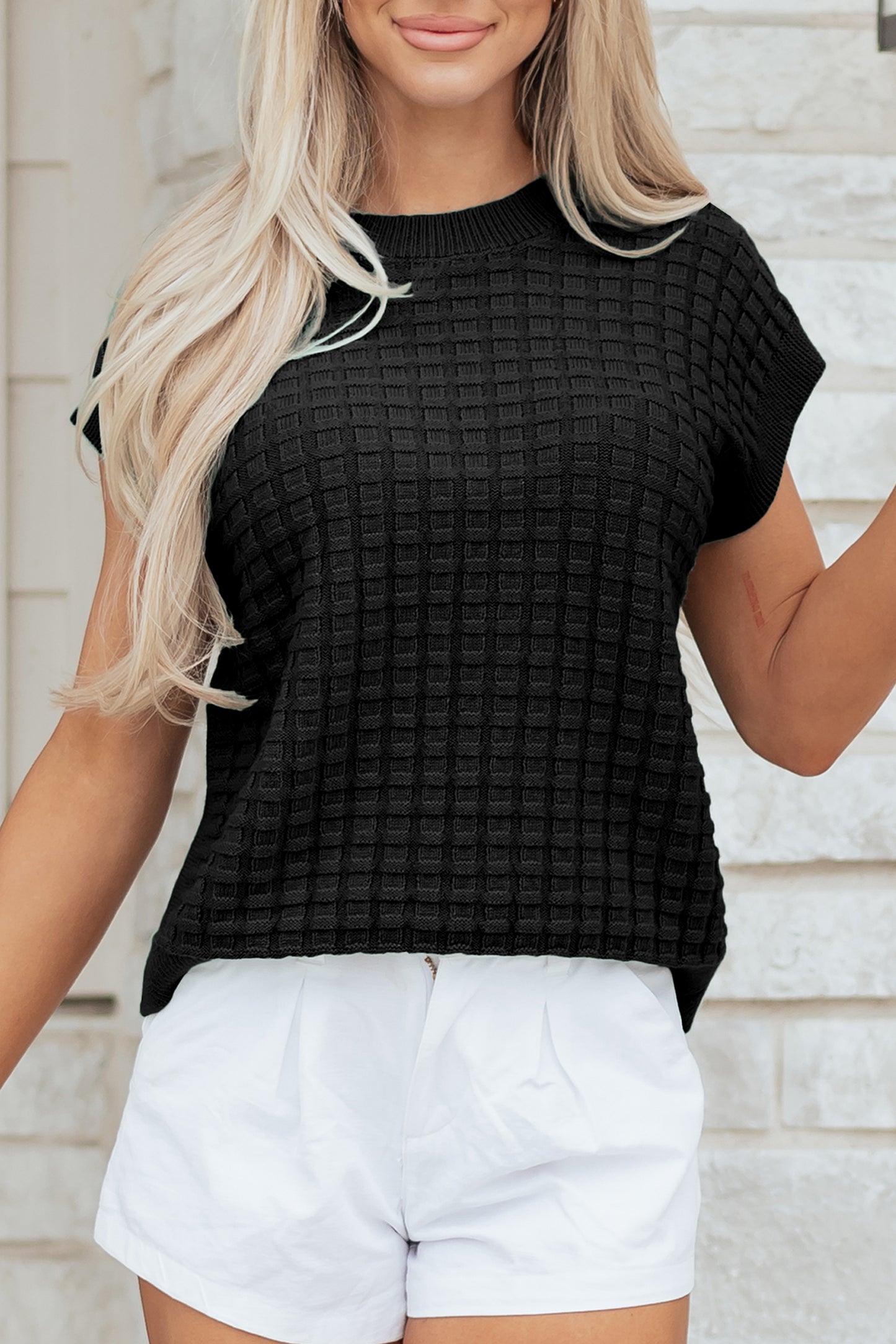 Black Solid Color Round Neck Textured Short Sleeve Sweater