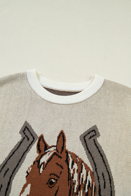 Parchment Horse Shoe Print Color Block Trim Round Neck Sleeveless Sweater