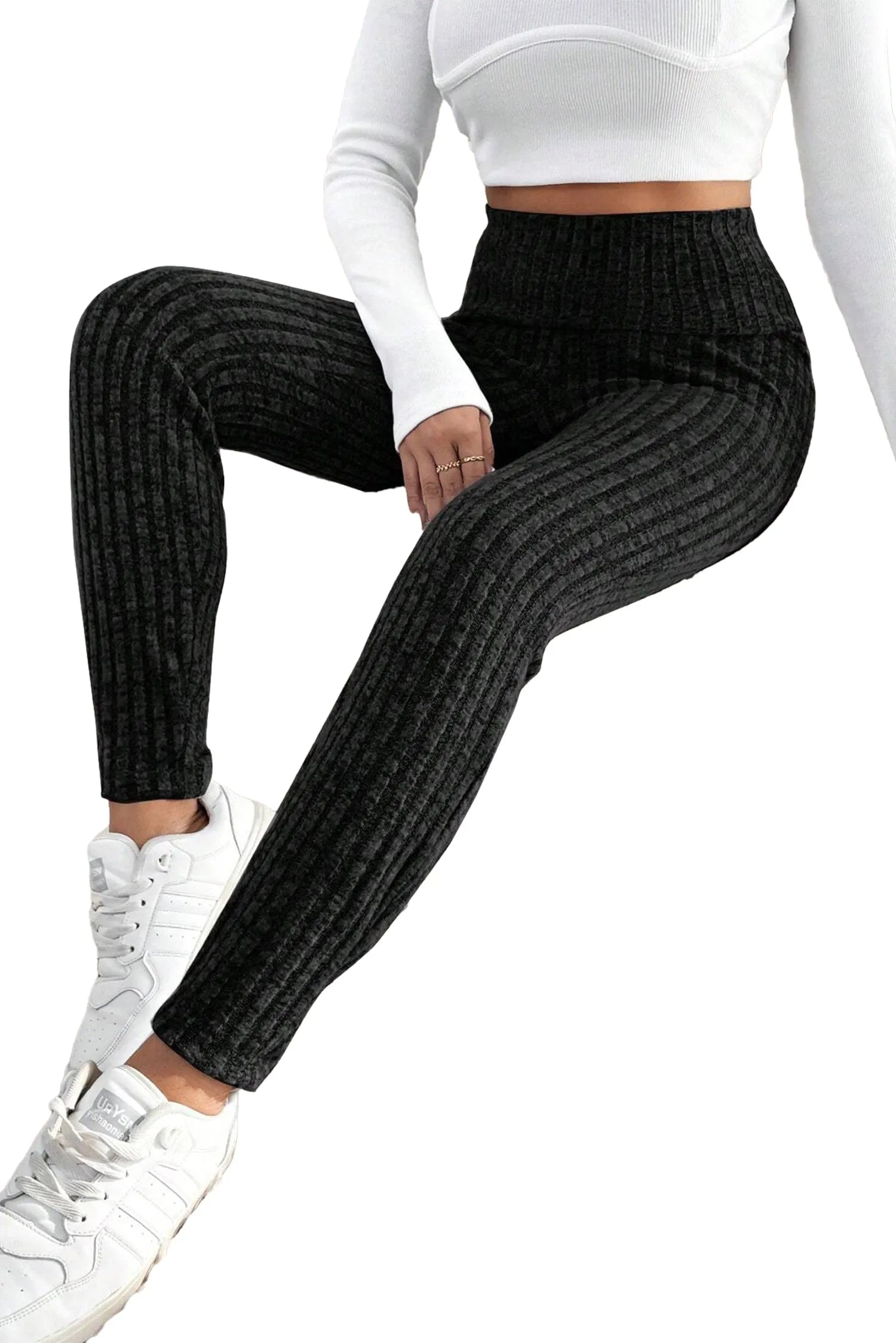 Black Wide Waistband Ribbed Textured Knit Leggings - Chic Meadow Boutique 