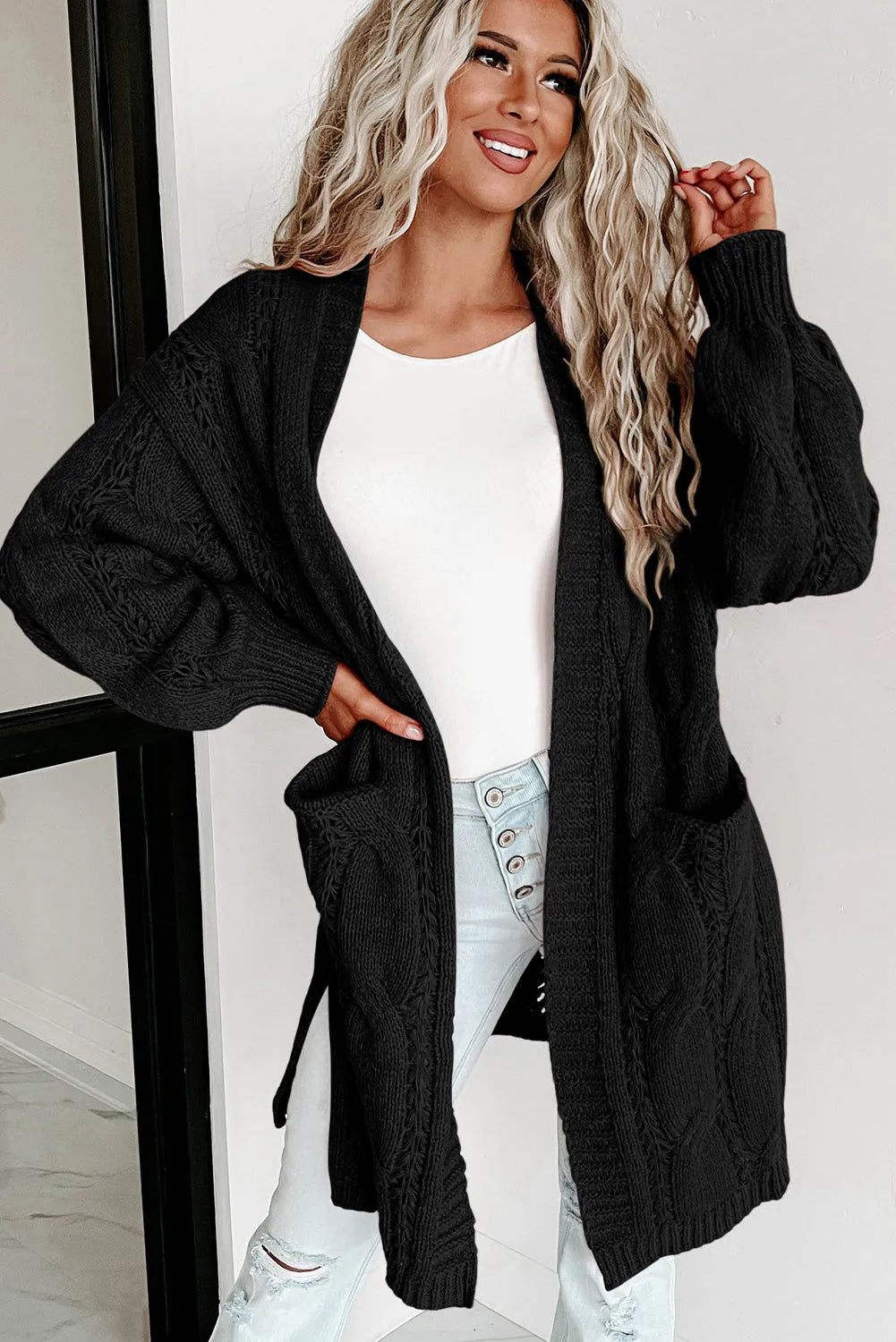 Black Ribbed Trim Eyelet Cable Knit Cardigan - Chic Meadow Boutique 