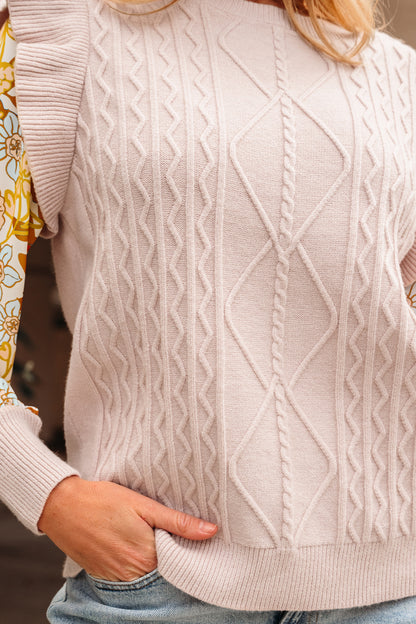 Parchment Cable Knit Ruffle Detail Contrast Floral Sleeve Patchwork Sweater