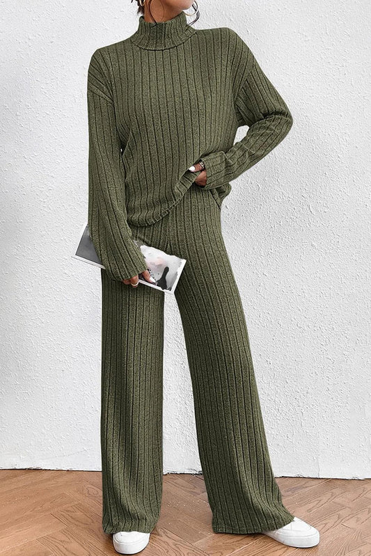 Two Piece Sets/Pant Sets Jungle Green / S / 95%Polyester+5%Elastane Jungle Green Ribbed Knit High Neck Loose Top and Pants Set