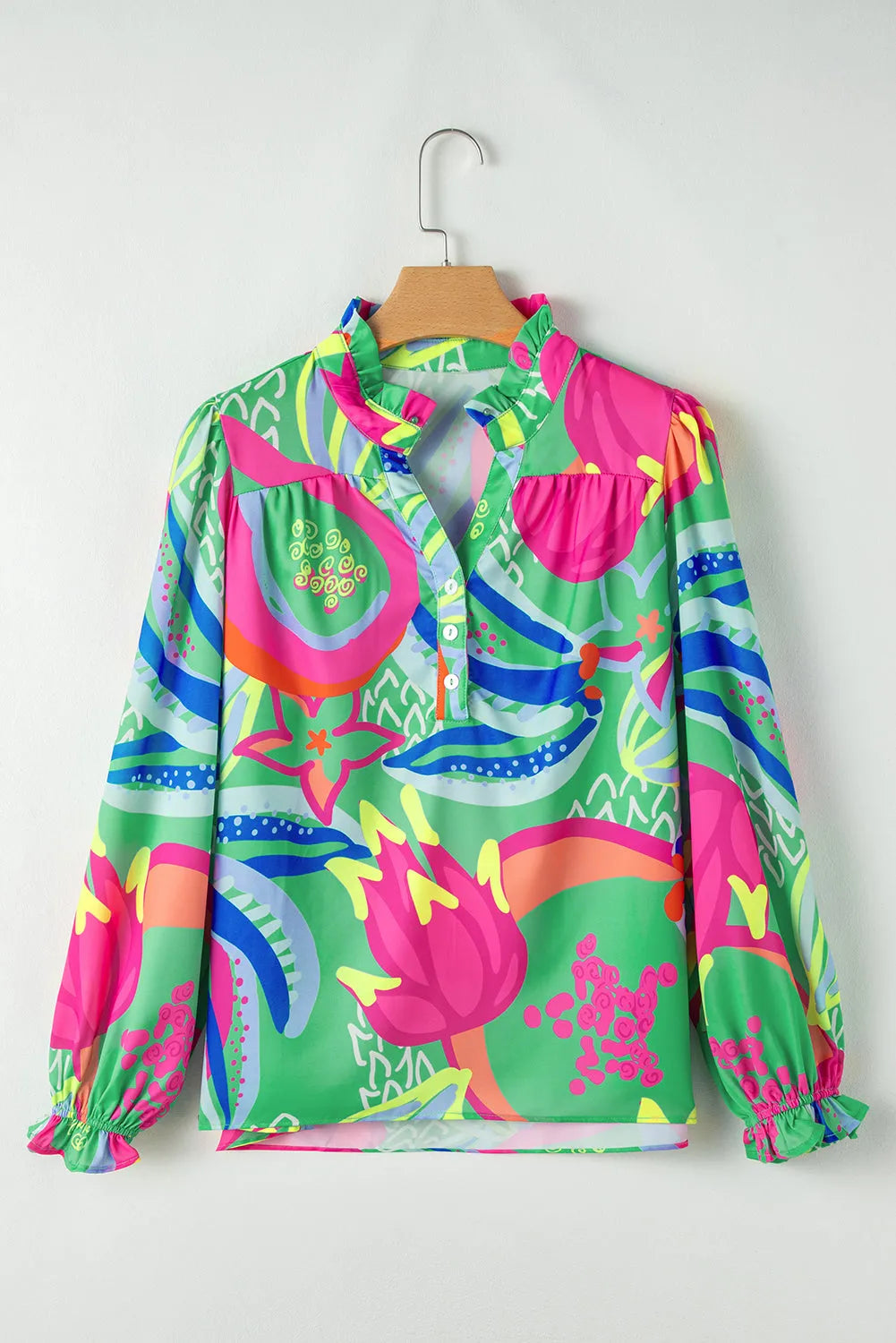 Green Abstract Print Ruffled Sleeve Buttoned V Neck Blouse - Chic Meadow Boutique 