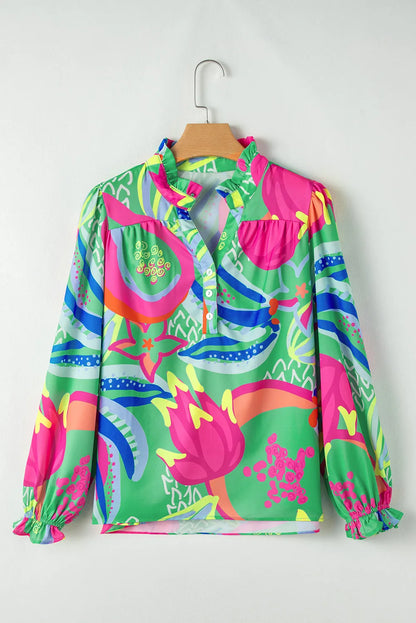 Green Abstract Print Ruffled Sleeve Buttoned V Neck Blouse - Chic Meadow Boutique 