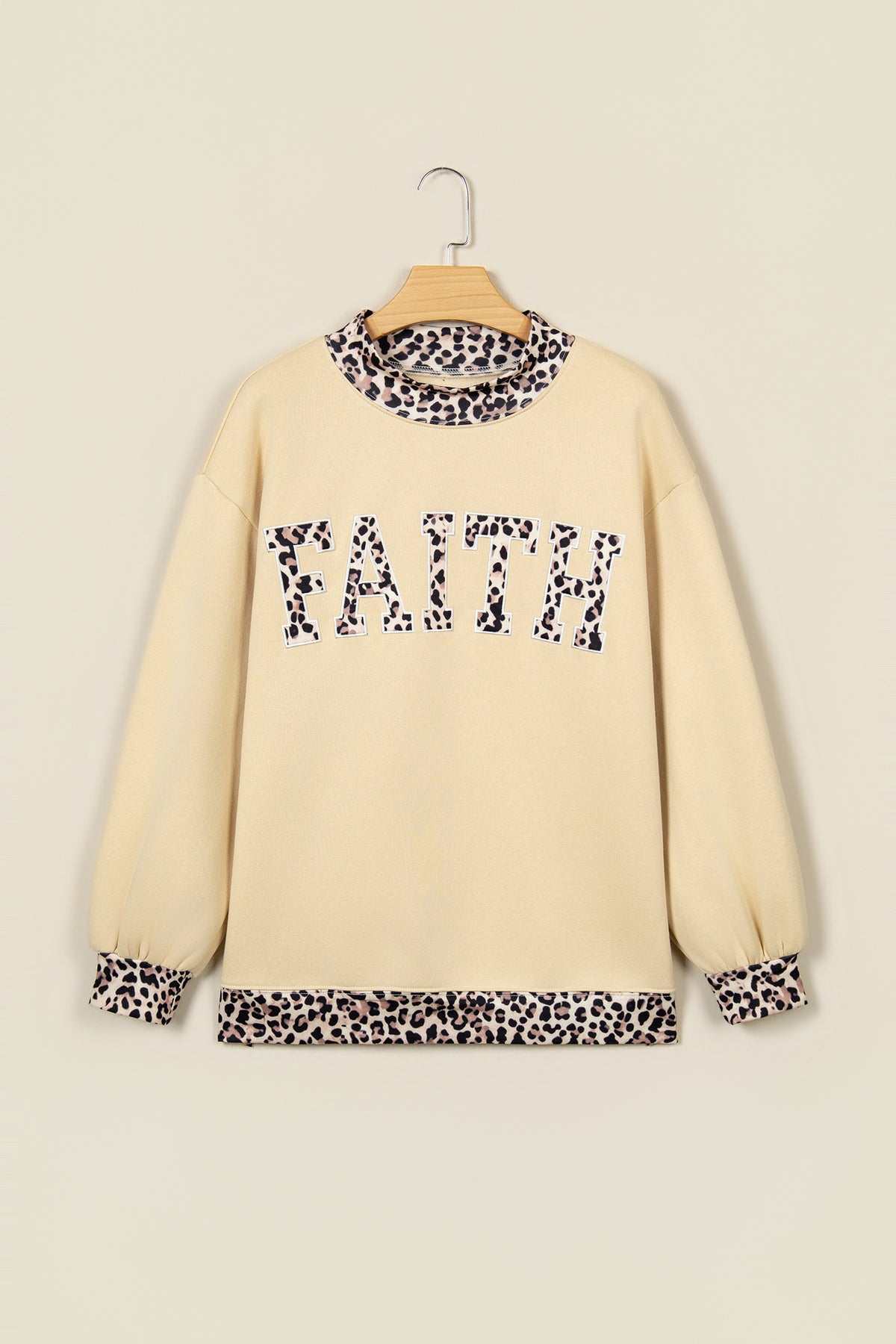 Parchment Leopard Trim High Neck FAITH Letter Graphic Baggy Sweatshirt