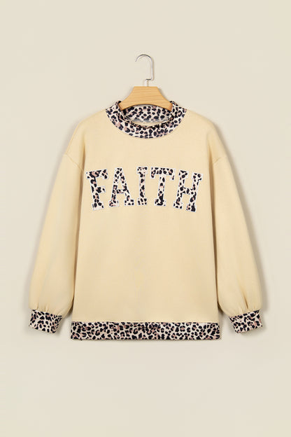 Parchment Leopard Trim High Neck FAITH Letter Graphic Baggy Sweatshirt