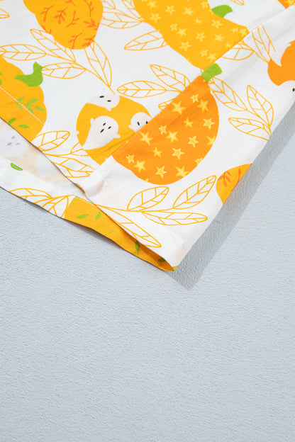 Orange Short Sleeve Pumpkin Print Polka Dot Trim Pocket Pocket Placket Home Wear Lounge Set