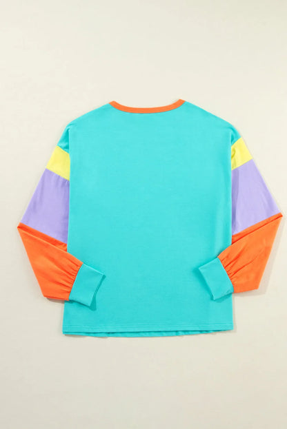 Light Blue Colorblock Patchwork Long Sleeve Loose Top - Chic Meadow Boutique 