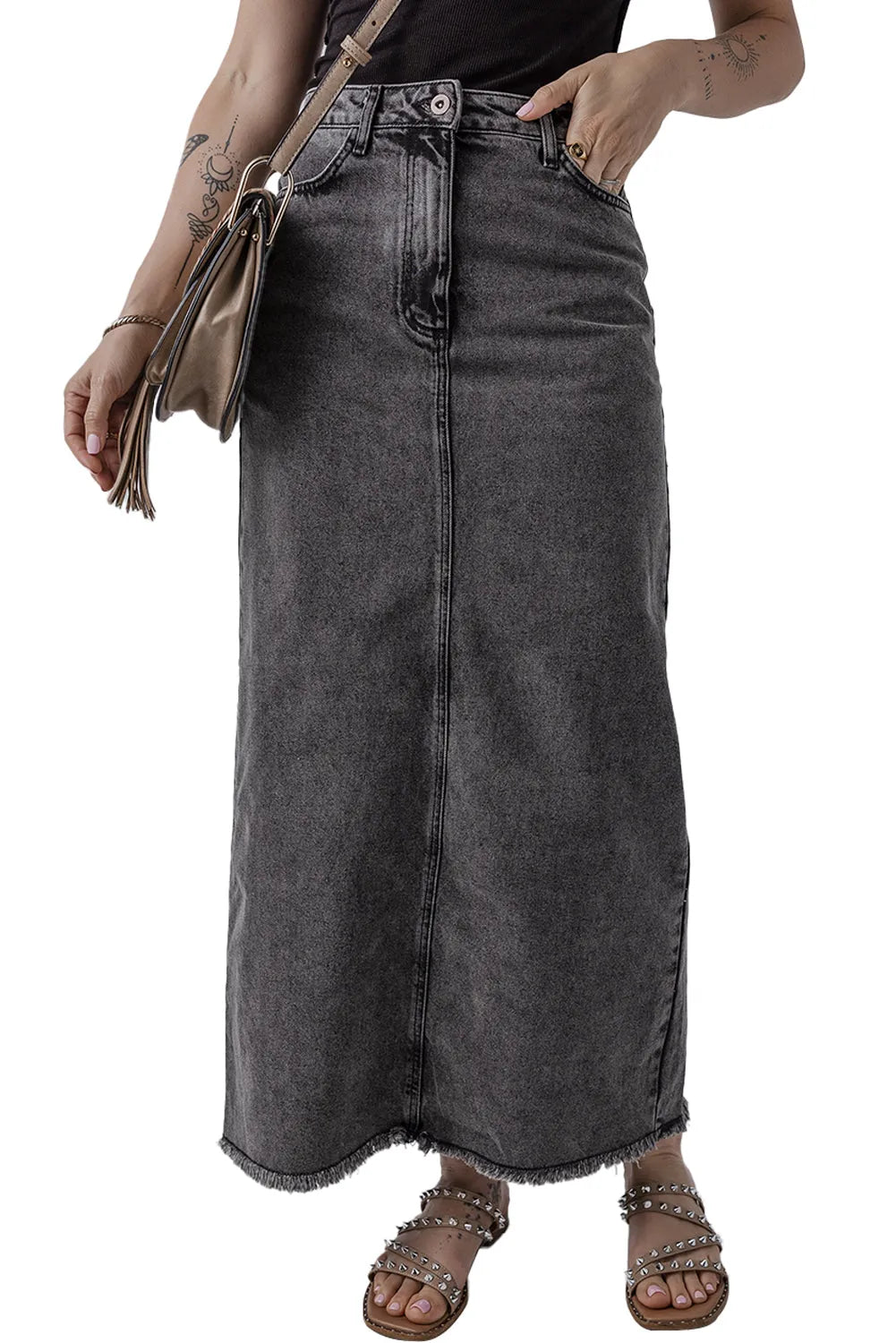 Dark Grey Denim Raw Hem Back Split High Waist Long Skirt - Chic Meadow Boutique 