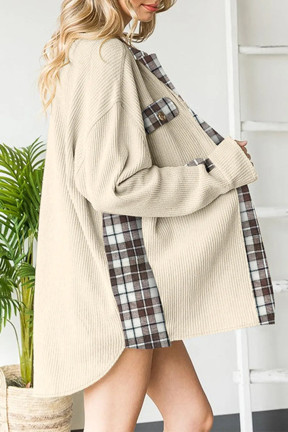 Apricot Plaid Patchwork Waffle Thermal Knit Shacket - Chic Meadow Boutique 