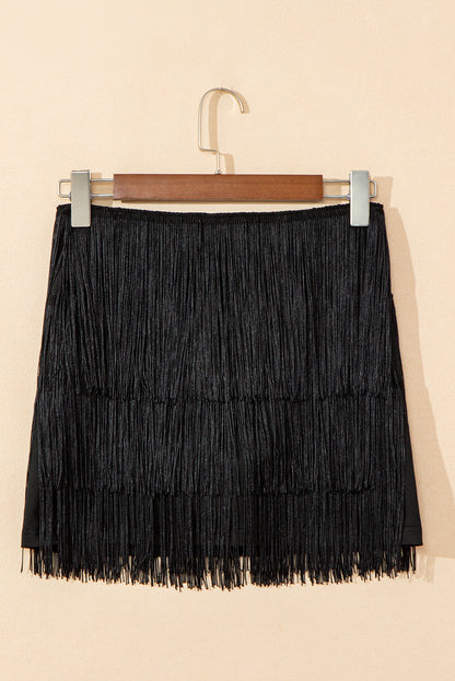 Black Tiered Fringe Trimmed Mini Skirt