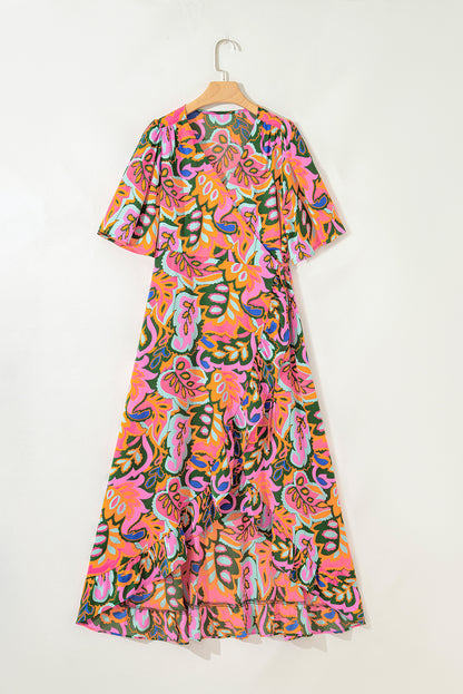 Rose Summer Plant Print Surpliced V Neck Ruffled Asymmetric Slit Wide Short Sleeve Maxi Dress