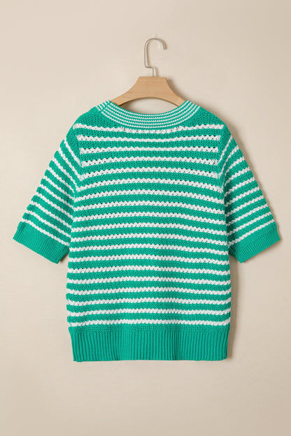 Green Stripe Short Sleeve Knit V Neck Bow Knot Sweater
