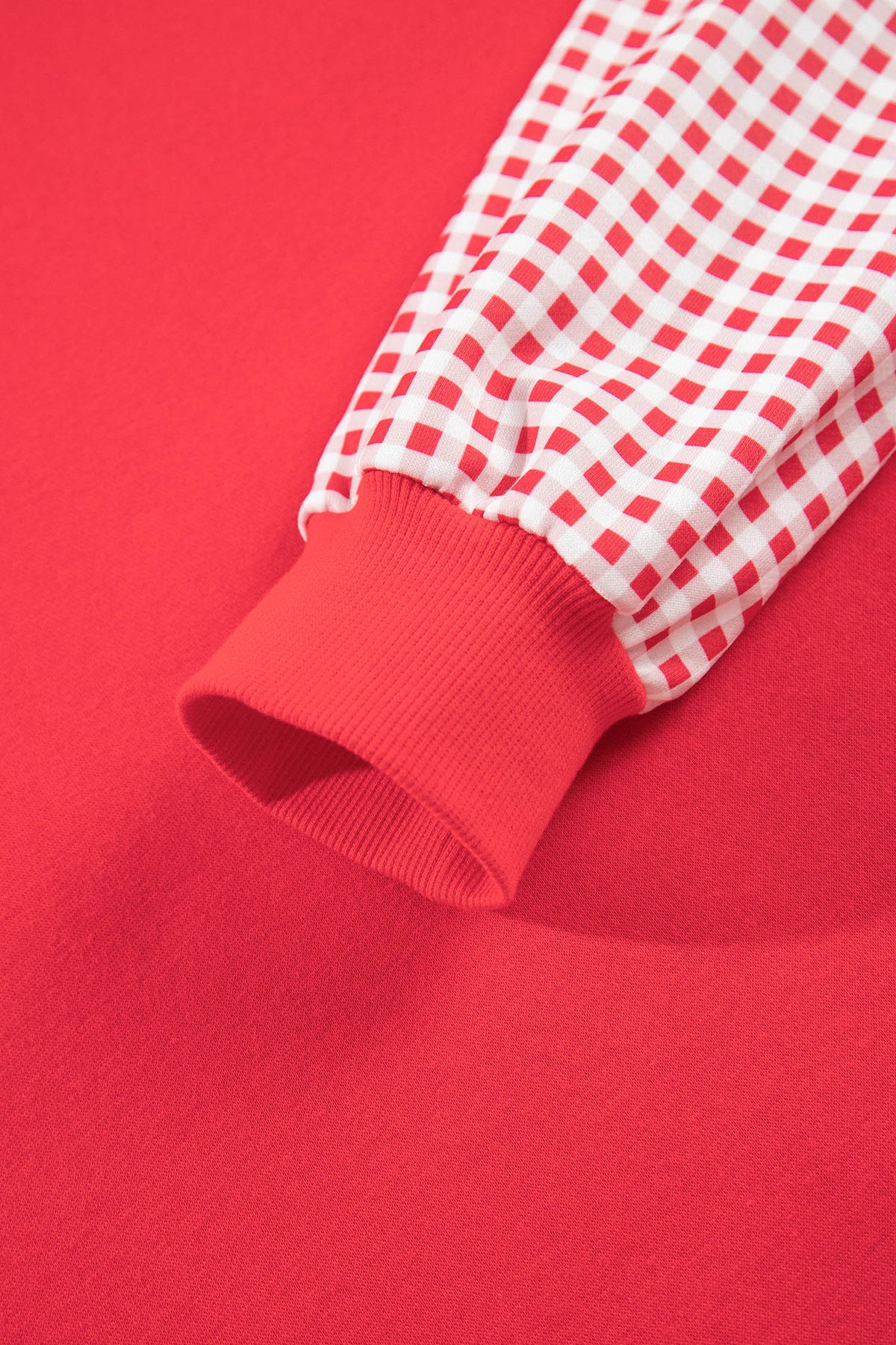 Fiery Red Plaid Sleeve Colorblock Loose Tunic Sweatshirt