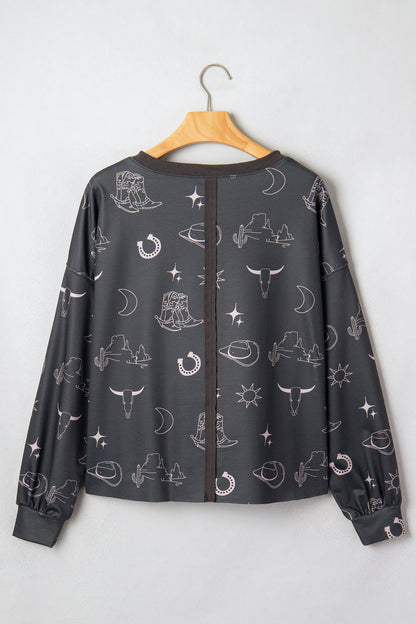 Gray Western Print Crew Neck Sweatshirt